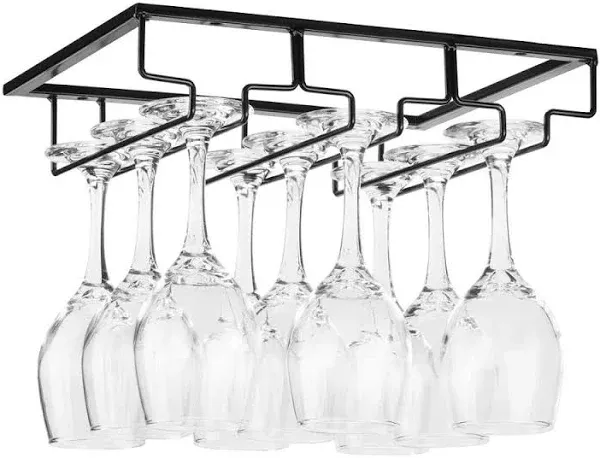 FOMANSH Wine Glass Rack - Under Cabinet Stemware Wine Glass Holder Glasses Storage Hanger Metal Organizer for Bar Kitchen Black