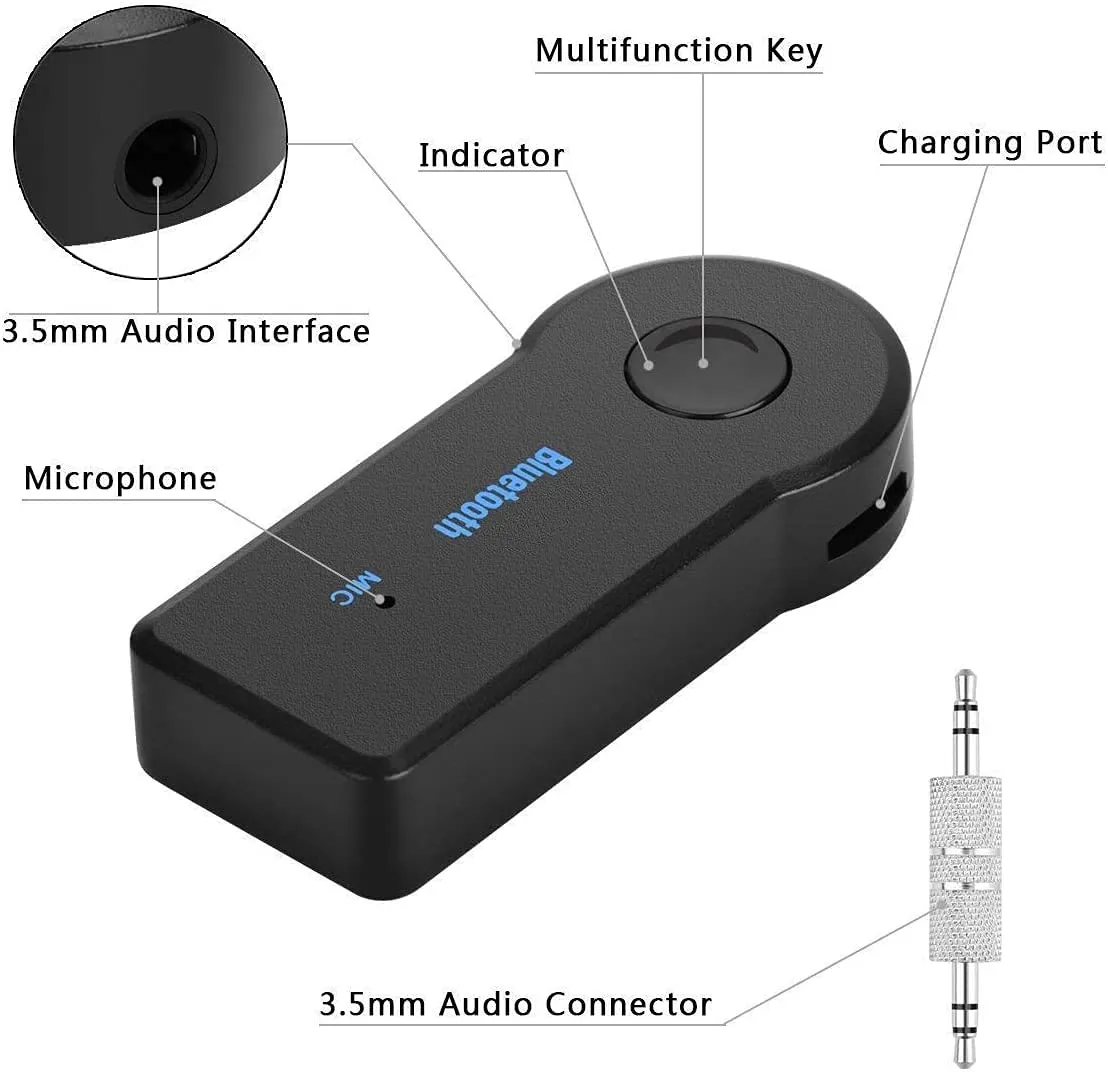 Bluetooth Receiver 5.0 Wireless Audio Receiver, 3.5mm Jack AUX car Audio/Wired Headset/Home Stereo System Compatible, can be Connected to Smartphone/Tablet Bluetooth, Hands-Free Compatible Microphone