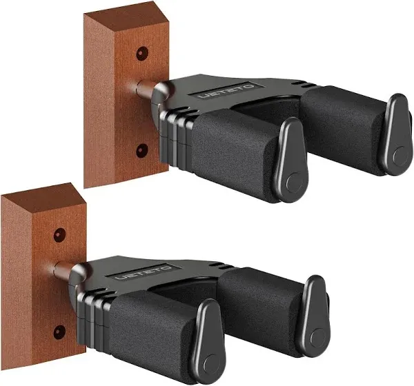 Guitar Wall Mount Hanger, Hard Wood Base Guitar Hook Auto Locking for Acoustic, Classical, Electric, Bass Guitars, Ukuleles， 2 Pack.