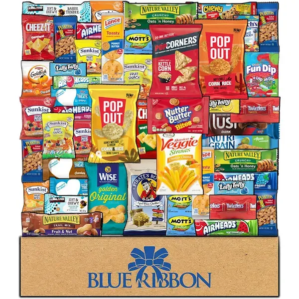 BLUE RIBBON Snack Box Care Package Variety Pack (52 Count) Cookies Chips Candy Snacks Box for Office Meetings Schools Friends Family Military College Women Men Gifts Basket for Everyone