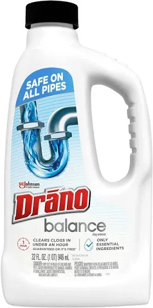 Drano Balance Drain Clog Remover and Cleaner, Non-Corrosive Formula, Safe on All Pipes, Formulated Using Only Essential Ingredients, 32 Fl Oz (Pack of 2)