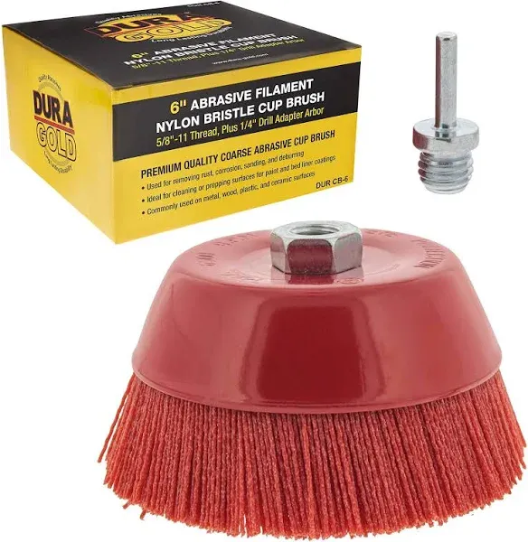 Dura-Gold 6" Abrasive Filament Nylon Bristle Cup Brush - Coarse Sanding Scuffing Brush, 5/8" 11 Thread, 1/4" Drill Arbor - Remove Rust, Corrosion, Paint - Surface Prepping for Truck Bed Liner Coatings