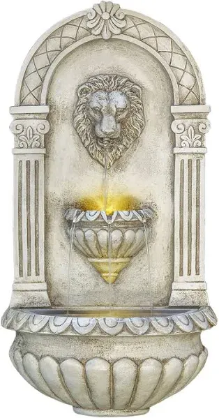 Alpine Corporation TZL160 Indoor/Outdoor Floor Lion Head Wall Fountain with LED Lights, Wall-Mounted Waterfall, 32", Ivory