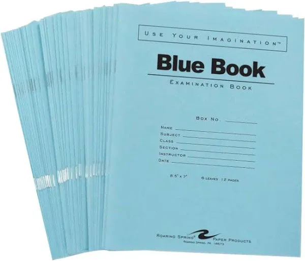 ROARING SPRING Blue Exam Book, Wide Ruled with Margin, 6 Sheets/12 Pages, 8.5" x 7", Pack of 50