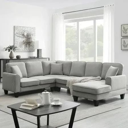 Modular Sectional Sofa, 108" U Shaped Couch 7 Seat Modern Fabric Lounge Couch with 3 Pillows for Living Room, Dark Grey