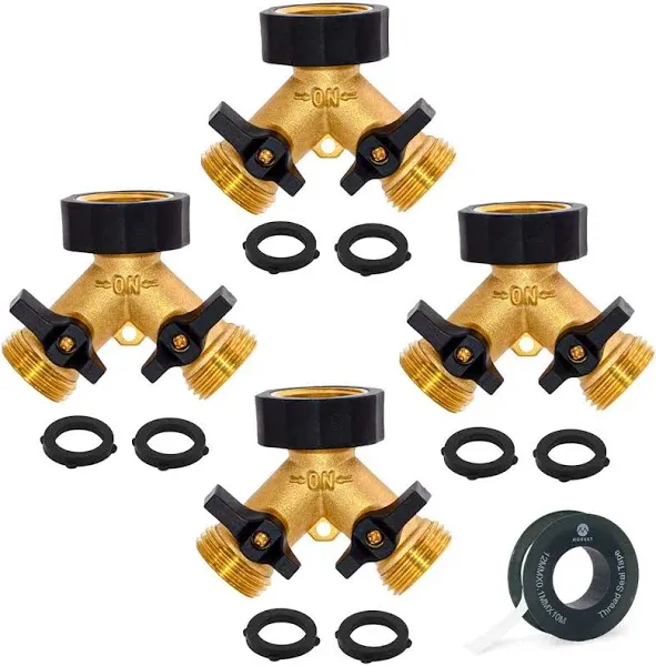 Morvat Heavy Duty Brass & Rubber 2 Way Y Splitter Garden Hose Connector with Comfortable Grip Shut Off Valves, Adapter for Water Tap, Outlet, & Spigot, Includes 8 Rubber Washers & Teflon Tape, 4 Pack