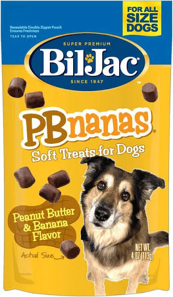 Bil-Jac Dog Treats - PBnanas Soft Puppy Training Treat Rewards, 4oz Resealable Double Zipper Pouch (4-Pack)