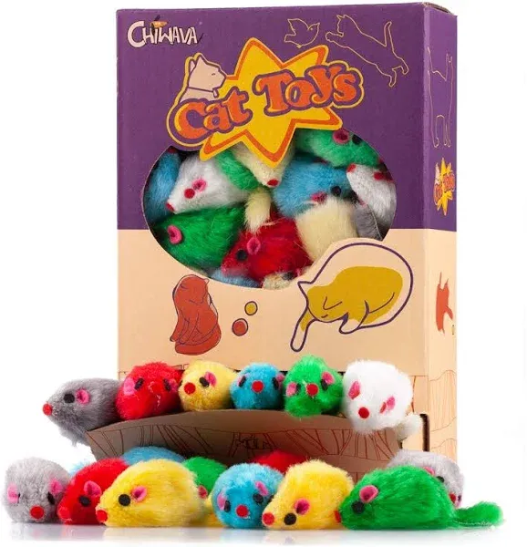 CHIWAVA 60PCS 4.1'' Furry Cat Toy Mice Rattle Small Mouse Kitten Interactive Play Assorted Color