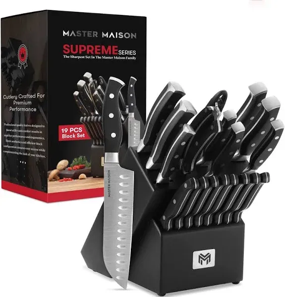 Master Maison 19-Piece Kitchen Knife Set with Wooden Block and Knife Sharpener - Stainless Steel Cutlery (Black)