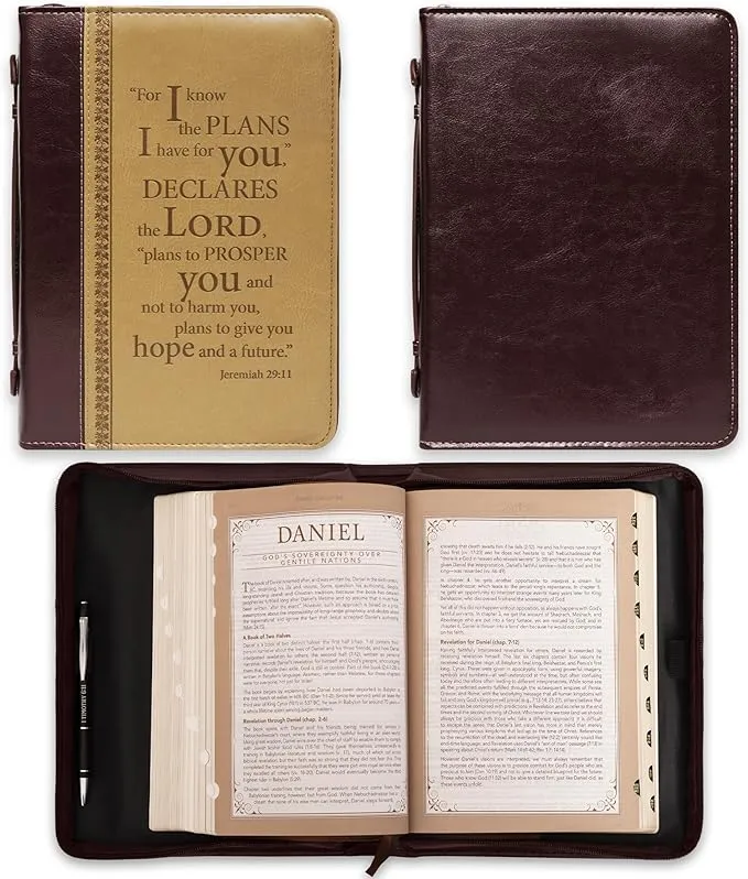 Christian Art Gifts Men's Classic Bible Cover I Know The Plans Jeremiah 29:11, Brown/Tan Faux Leather, XL [Leather Bound]