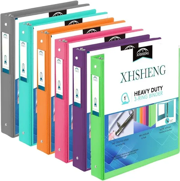 3 Ring Binders,1“ Slant D Ring Biner,One Touch Open D Ring,View Binders with Interior Pockets,Colorful,6 Pack