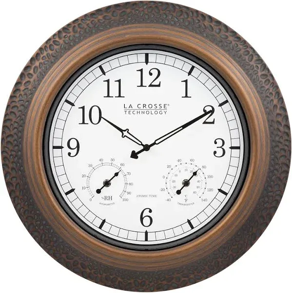 La Crosse Technology 433-29917-INT 21" Indoor/Outdoor Atomic Analog White-Washed Hammered Metal Wall Clock