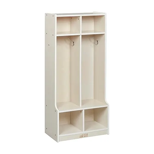 ECR4Kids 2-Section Coat Locker with Bench, Classroom Furniture, White Wash