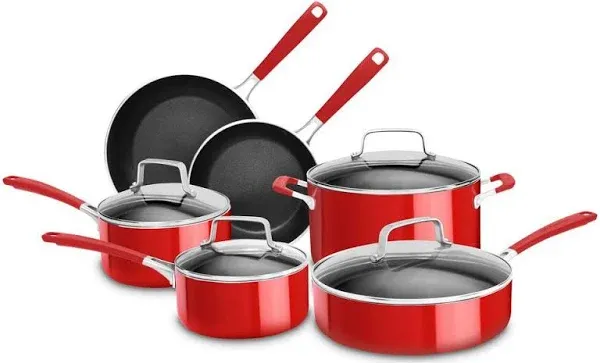 KitchenAid Ceramic Forged Aluminum 10 Piece Nonstick Cookware Pots and Pans Set, Empire Red