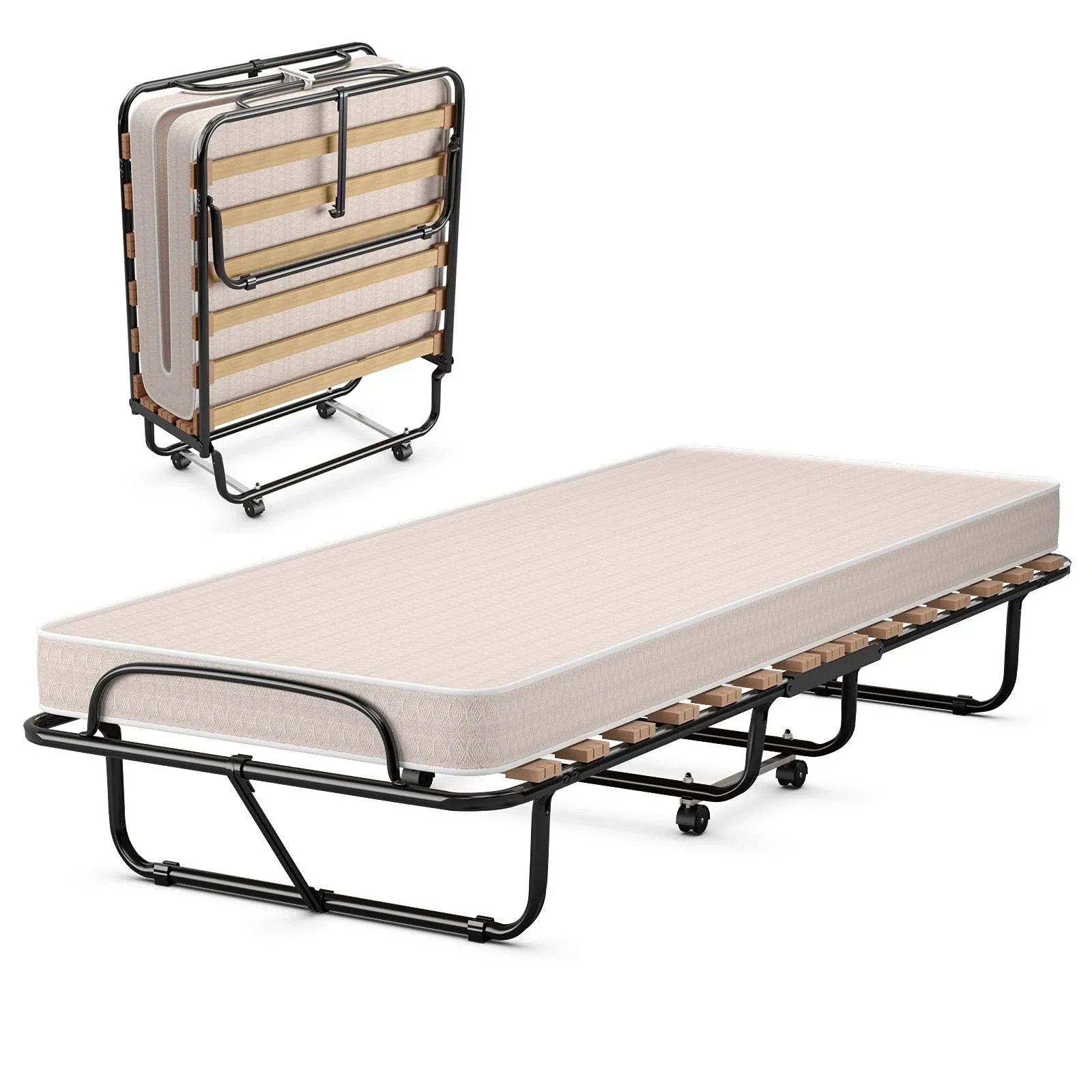 Folding Bed with Memory Foam Mattress Cot Size, Portable Rollaway Bed for Adults, Foldable Guest Bed with Wheels, Space-Saving Sturdy Metal Frame, Made in Italy, 75 x 31 Inch