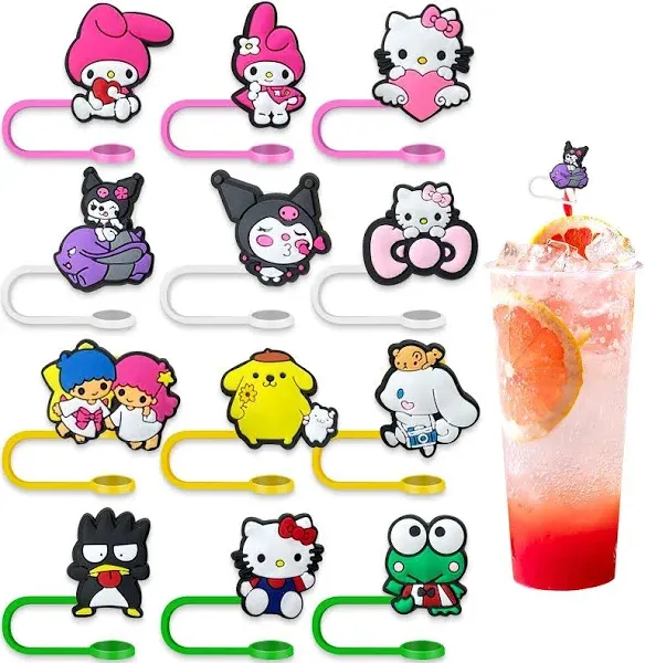 Anime Straw Covers Cap for Cup Straw Accessories, Cartoon Straw Protectors Tips Cover for Reusable Drinking Straws (12)