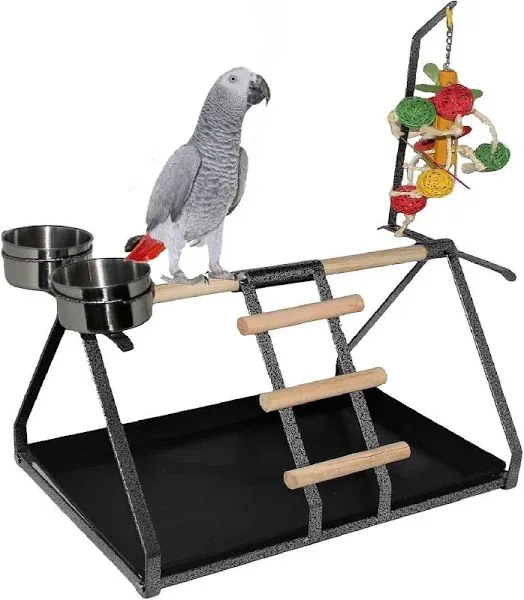 Parrot Bird Perch Table Top Stand Metal Wood 2 Steel Cups Play for Medium and Large Breeds 17.5" x 12.5" x 11"