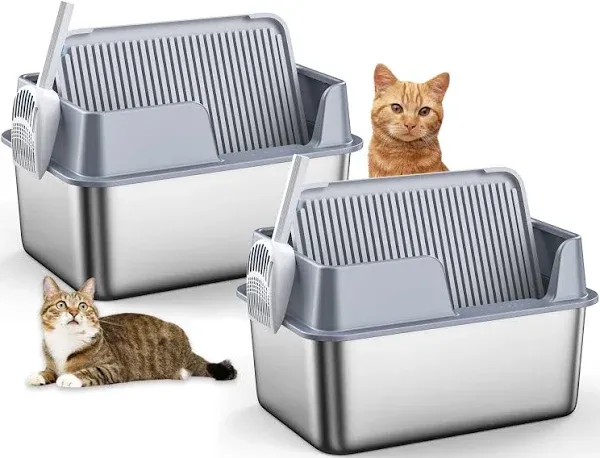 ZeroPone Enclosed Stainless Steel Cat Litter Box Extra Large 11 Inch High Litter Box for Big Cats Open Cat Litter Box with Litter Mat and Scoop