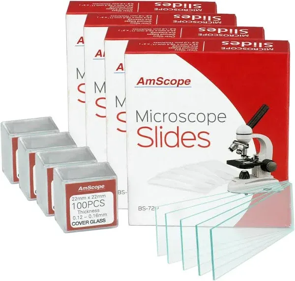 AmScope 72 Pre-Cleaned Blank Microscope Slides &amp; 100 22x22mm Square Cover Glass