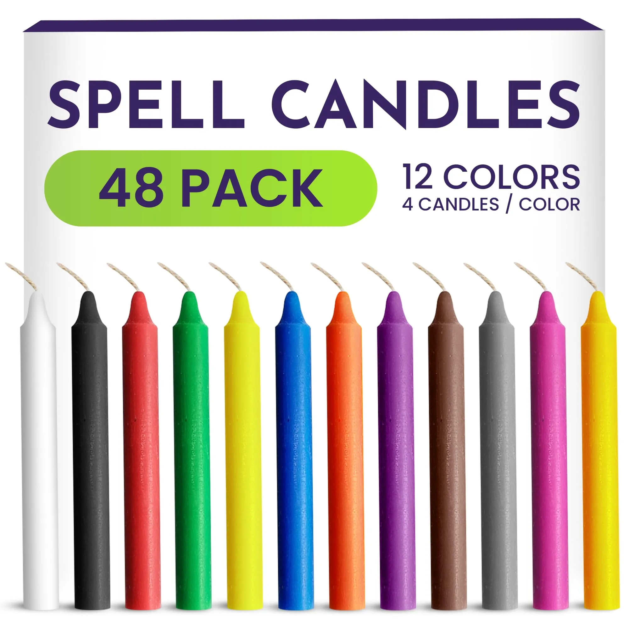 Spell Candles 48 Pack 4&#034; Tall x 1/2&#034; Dia, 12 Colors 4 Mini Candles Black, Whi...