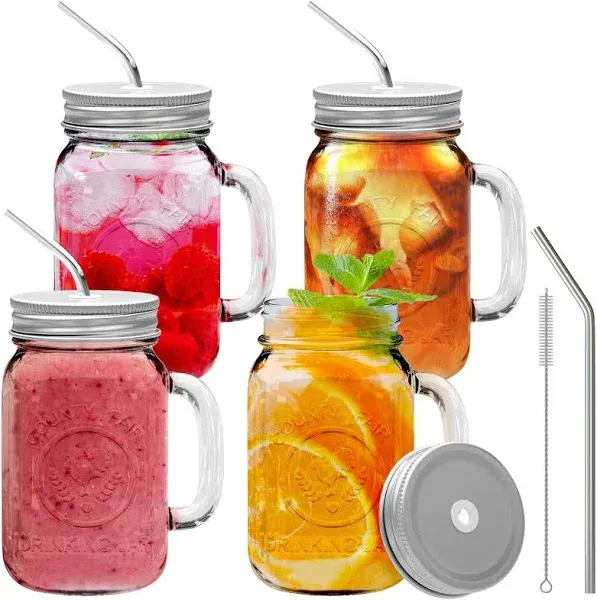 brimley 16oz Glass Mason Jar Set of 4 with Lid and Straw - Mason Jars with Handle for Cold Drinks - Glass Mason Jars with Metal Mason Jar Lids with Stainless Steel Straws and Straw Hole