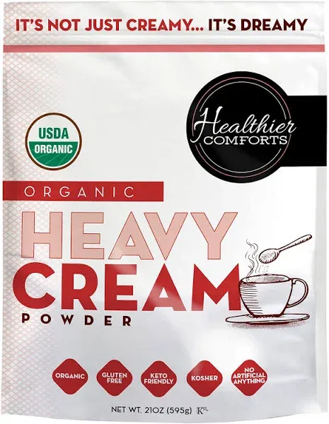 Healthier Comforts Organic Heavy Cream Powder (72% Butterfat) | USDA Organic | Kosher, Gluten Free, Non-GMO, and Keto Friendly Half and Half Organic Heavy Cream for Pasta | Made in the USA 21 oz.