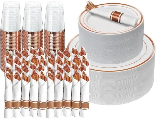 Prestee 350 Piece Rose Gold Disposable Dinnerware Set