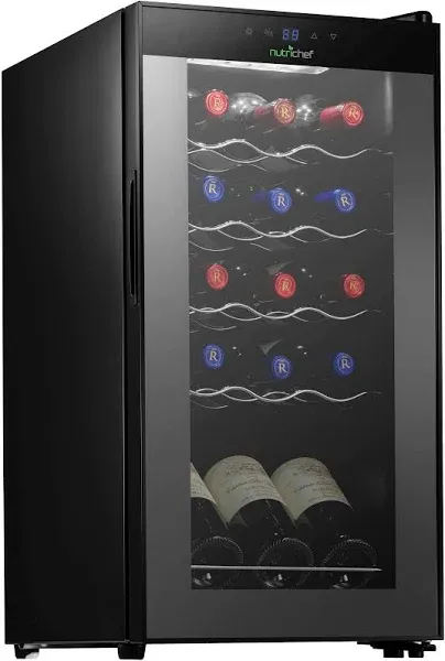 NutriChef 15 Bottle Compressor Refrigerator White & Red Chiller Countertop Cooler-Freestanding Compact Mini Wine Fridge Capacity, Digital Control, Glass Door, Black