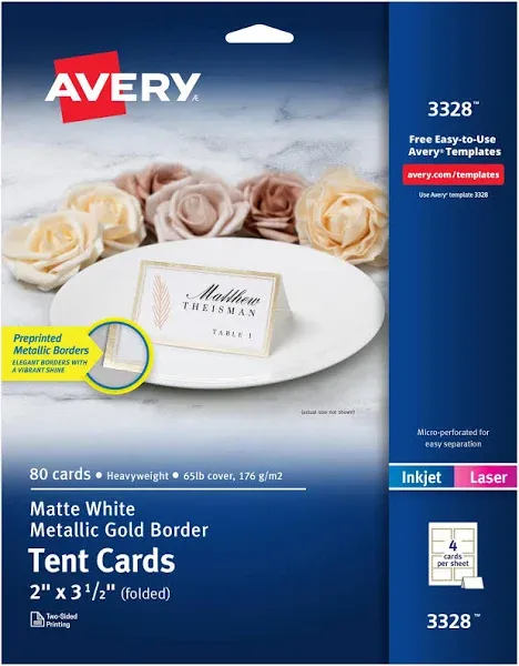 Avery Tent Cards 2" x 3.5" 80 Total Laser/Inkjet Printable Place Cards Tent Cards