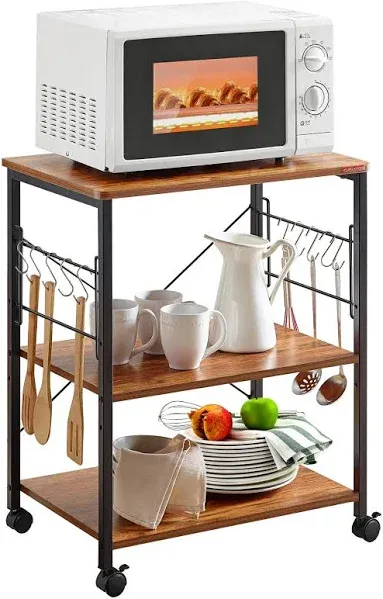 3-Tier Kitchen Microwave Cart W/ Rolling Wheels &amp; Hooks Rustic Brown Shelf Stand