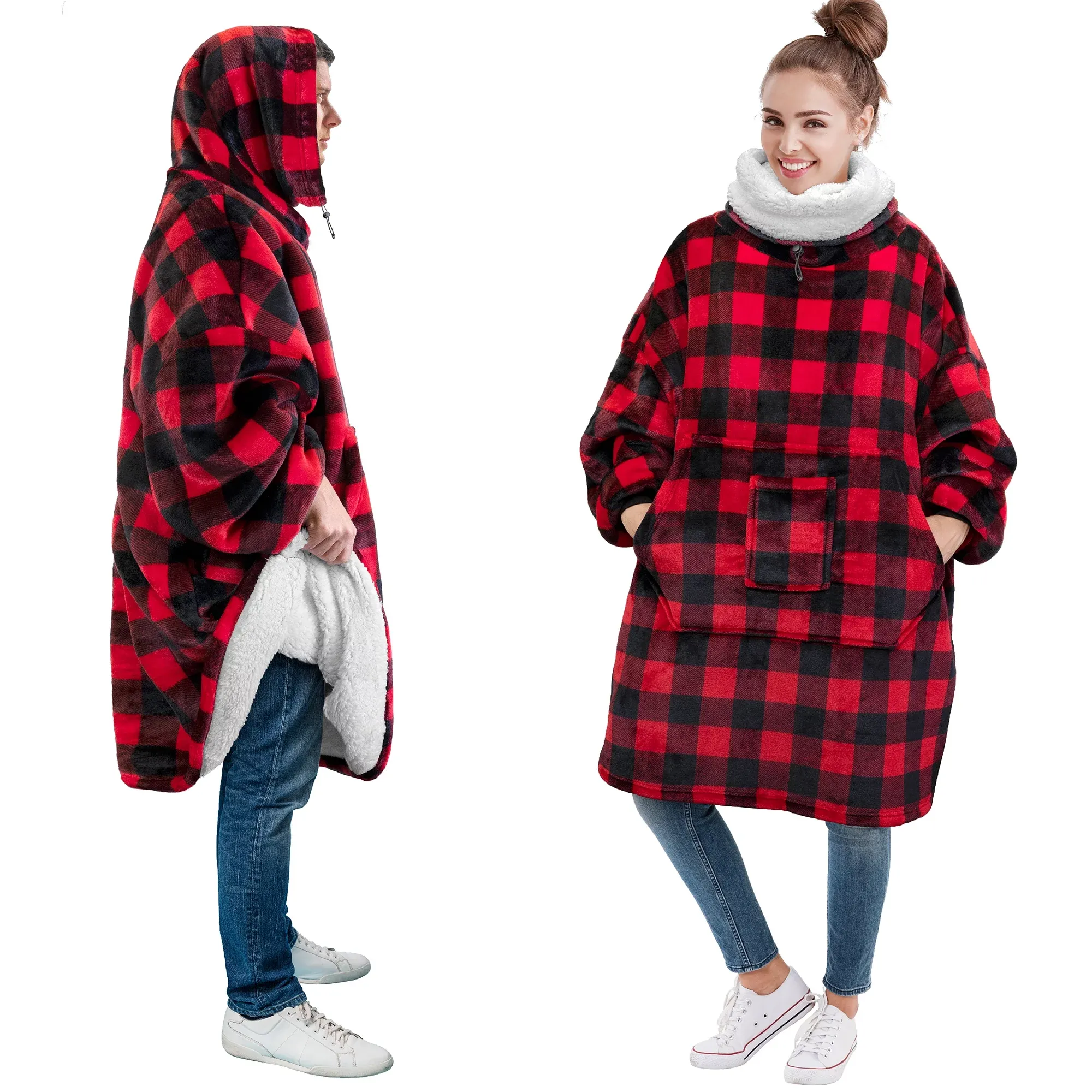 PAVILIA Sherpa Wearable Blanket Hoodie Women Men, Oversized Hoodie Sweatshirt Blanket, Thick Sweater Blanket Neck Warmer, Fleece Hug Sleep Pod Adult, Cozy Warm Plush Gift Idea Mom Wife, Checker Red