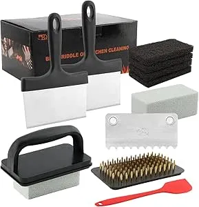 Griddle Cleaning Kit for Black-stone, 14 Pcs Heavy Duty Flat Top Grill Cleaning Kit, with Griddle Scraper, Cleaning Brick, Scouring Pads, Silicone Scraper, Wire Brush(COLOR:As shown)