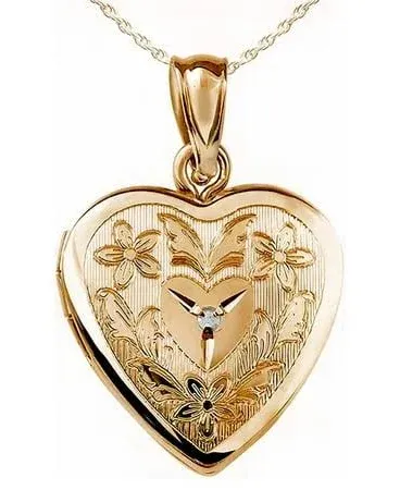 14k Gold Filled Floral Heart Photo Locket with Diamond - Includes 18 Inch Chain