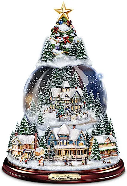 Thomas Kinkade Wondrous Winter Musical Tabletop Christmas Tree with Snowglobe and Lights Up!