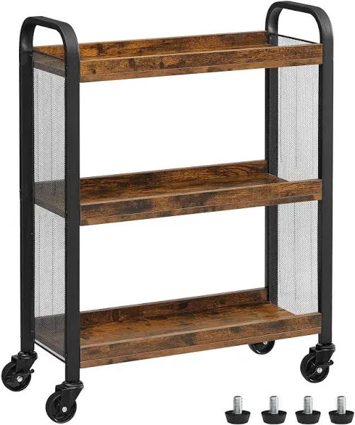 VASAGLE 3-Tier Narrow Storage Cart, Rolling Cart with Wheels, Steel Frame, Slim Storage Cart for Kitchen, Dining Room, Laundry Room, Adjustable Feet Included, Industrial Style, Rustic Brown and Black