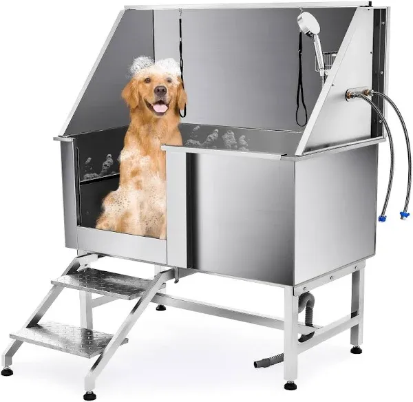 CO-Z 50" Dog Cat Pet Grooming Bath Tub w Stairs Wash Station 304 Stainless Steel