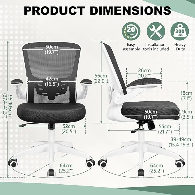 MINLOVE Office Chair Ergonomic Desk Chair with Lumbar Support and Height, Rolling Swivel Desk Chair with Wheels and Flip-up Arms, Breathable Mesh Executive Computer Chair for Home Office(White)