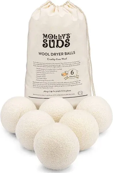 Molly's Suds Wool Dryer Balls | XL, Premium Organic Fabric Softener, Hypoallergenic, Hand-Felted, Reusable, Reduce Drying Time | White, Set of 6