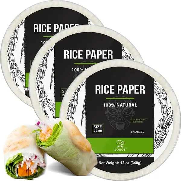 Soeos Rice Paper, White Rice Paper Wrappers, 1 Pack, 34 Sheets-Fresh Spring Roll Wrappers & Dumplings, Non-GMO, Gluten-Free, Low Carb, Vietnamese Rice Wraps (Round, 22cm)