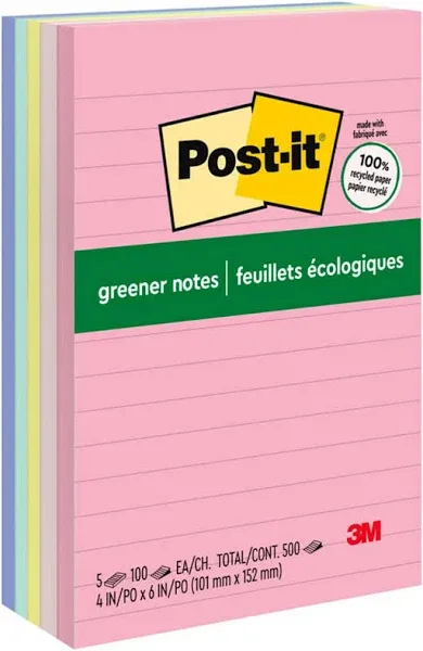 Post-It Greener Notes 4 in x 6 in Lined Cle