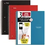 Five Star Spiral Notebooks, 3 Pack, 3 Subject, Wide Ruled Paper, 10 1/2" x 8", Blue, Red, & Black (930081)