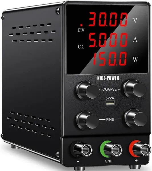 NICE-POWER Adjustable DC Power Supply: 30V 5A Variable Switching Regulated High Precision 4-Digits LED Display 5V/2A USB Port Test Lead Output & Input Power Cord Bench Lab Power Supplies