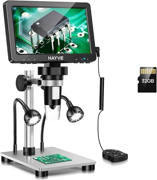 7" LCD Digital Microscope, 1200X Magnification for Coin PCB Circuit Repair Soldering, 12MP Camera Sensor Coin Microscope，32GB TF Card，Wired Remote, 10 LED Light, Compatible with Windows/Mac OS