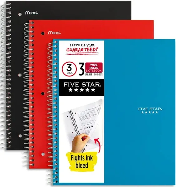 Five Star Wirebound Notebook, 3-Subject, Wide/Legal Rule, Assorted Cover Color, (150) 10.5 x 8.63 Sheets, 3/Pack