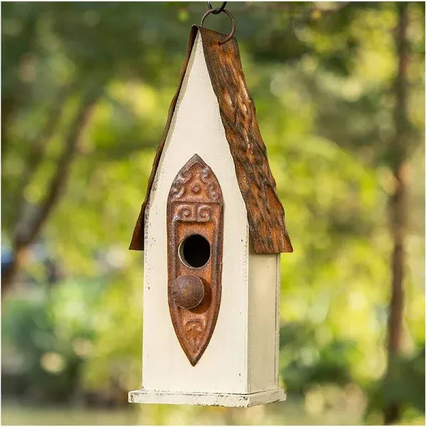 Glitzhome GH90103 Hanging Distressed Wooden Bird House Garden Decorative 13.25 inch Tall, White