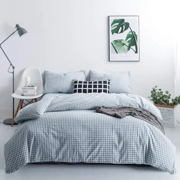 SUSYBAO Gingham Duvet Cover King 100% Washed Cotton Grid Duvet Cover Set 3 Pieces 1 Plaid Duvet Cover with Zipper Ties 2