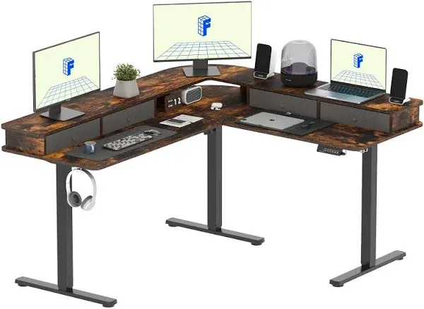 FLEXISPOT 63'' L Shaped Standing Desk Electric Corner Table with Monitor Shelf, 4 Storage Drawers, Adjustable Computer Workstation for Home, Office, Game, Studio, USB Charger, Black Top + Black Frame