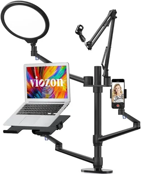 Viozon Selfie Desktop Live Stand Set 6-in-1 10" LED Ring Light Microphone Mount Compatible with 12-17" laptop/17-32'' monitor/7-13 Tablet/3.5-6.7