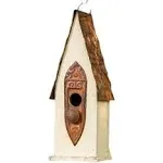 Glitzhome 13.25&quot; H Washed White Distressed Solid Wood Birdhouse Hand Painted Hanging Bird House for Outdoors