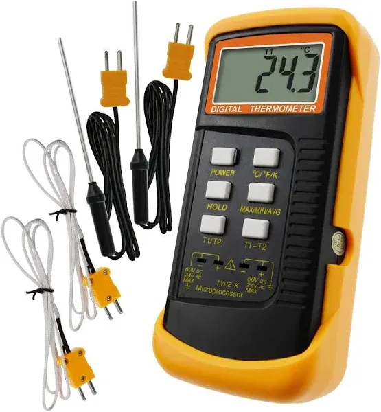 Digital 2 Channels K-Type Thermometer w/ 4 Thermocouples (Wired & Stainless Steel), -50~1300C (-58~2372F) Handheld Desktop High Temperature Kelvin